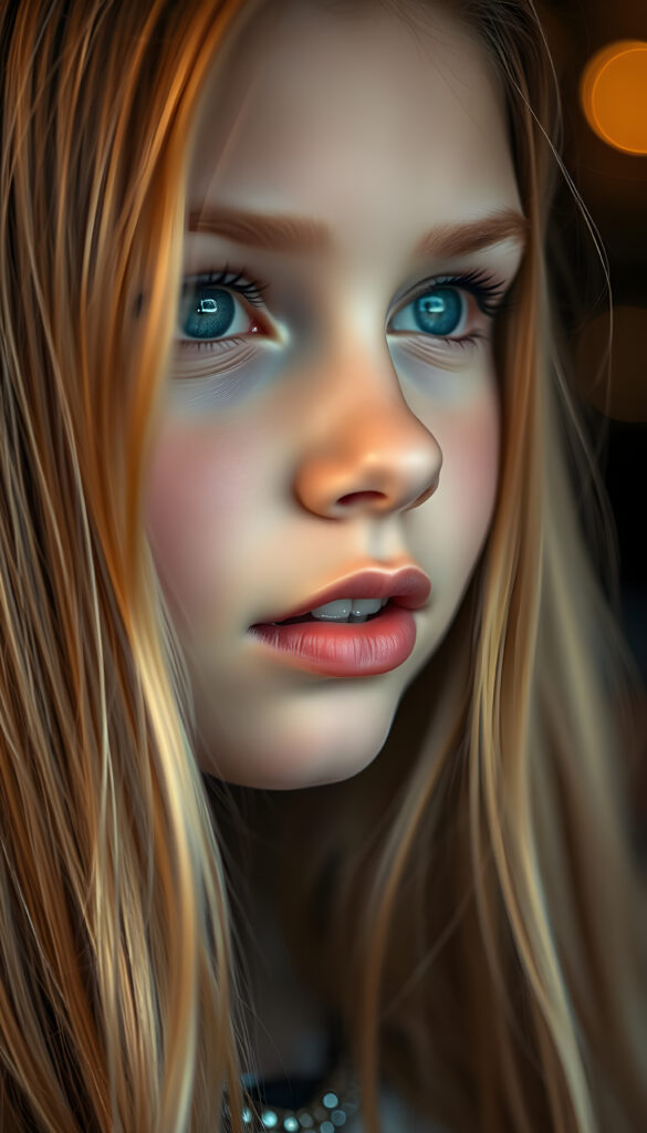 A beautiful close-up image with warm colors shows a young girl with silky smooth blonde hair. Her deep blue eyes are detailed, round, and sparkling. The girl has flawless skin and sensual lips. She is anticipating a sensual kiss and has her mouth slightly open, revealing white teeth.