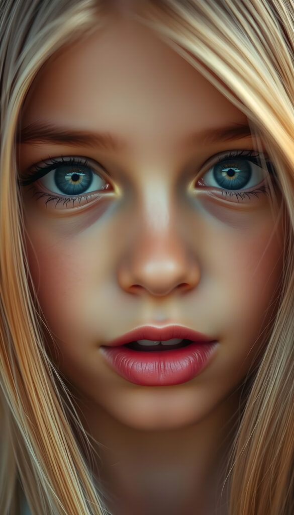 A beautiful close-up image with warm colors shows a young girl with silky smooth blonde hair. Her deep blue eyes are detailed, round, and sparkling. The girl has flawless skin and sensual lips. She is anticipating a sensual kiss and has her mouth slightly open, revealing white teeth.