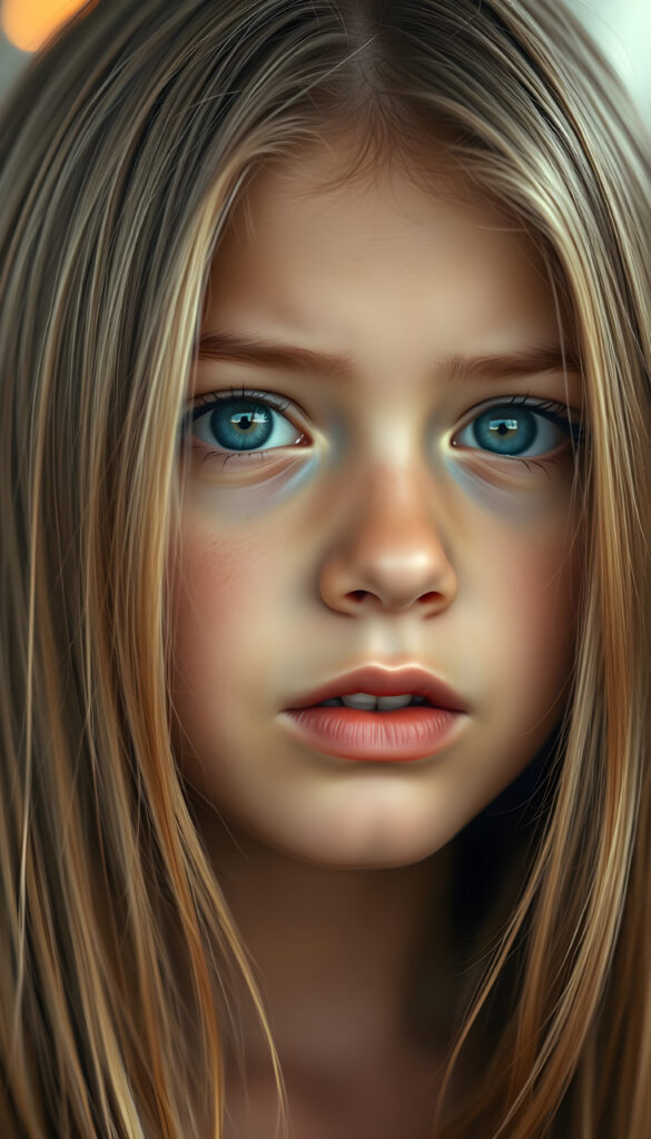 A beautiful close-up image with warm colors shows a young girl with silky smooth blonde hair. Her deep blue eyes are detailed, round, and sparkling. The girl has flawless skin and sensual lips. She is anticipating a sensual kiss and has her mouth slightly open, revealing white teeth.