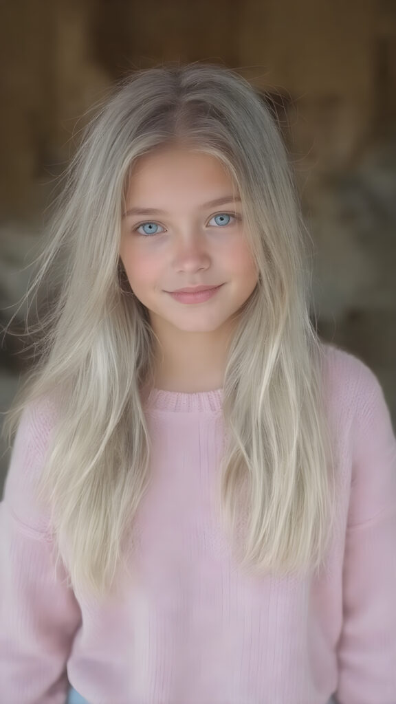 A (((beautiful, cute, and slender young girl))), age 18, with (light tan skin) and (very long, straight, thick, white golden blonde hair) (blowing in the breeze) that gives off a youthful glow, paired with (adorable puffy light blue eyes) that emit a sense of realism, all framed by a cozy (pastel color sweater) and (matching pastel blue jeans) cut in a (soft, pastel aesthetic) style that complements her (cheerful, happy expression) full body view