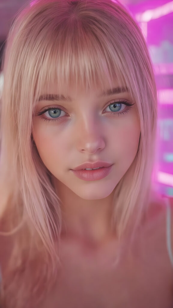 A (((beautiful young e-girl))), with ((extremely long, straight, thick, untucked soft pink hair)), and ((big, expressive, bright, natural green eyes)), that convey a sense of youthful allure. Her ((skin is flawless)), with ((perfect lips)) that add to her enchanting smile. She's ((busty)), with ((big, round, full, slightly parted lips)), that are just barely parted in a playful smile. Her ((almond skin)) adds to her ((natural beauty)), with ((long, sheer, thin, tight tank top)) that accentuates her ((female figure)), all against a backdrop of a (((bright neon pink))) cyberpunk scene