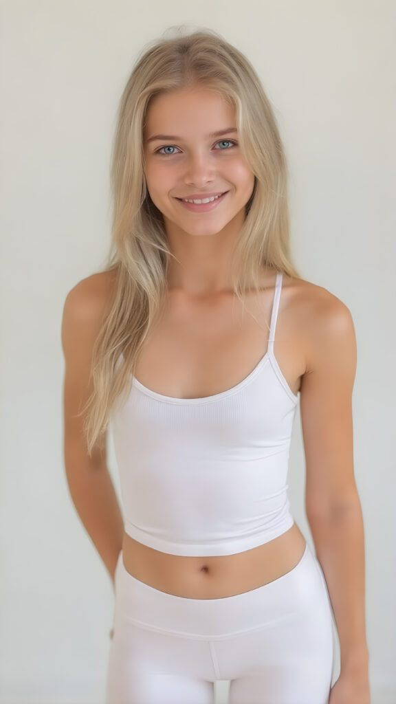 A beautiful (((girl) with an average but athletic build, showcasing toned legs and a sleek, sexy, yet delicate (tight white sport spaghetti tank top) that accentuates her natural body and gives off a youthful glow, paired with (white tights pants) that add to the overall aesthetic. Her hair is a (((light blonde))), flowing down her back in a soft, ethereal (décolleté) that complements the overall image, and she poses confidently with a warm smile directed at the viewer