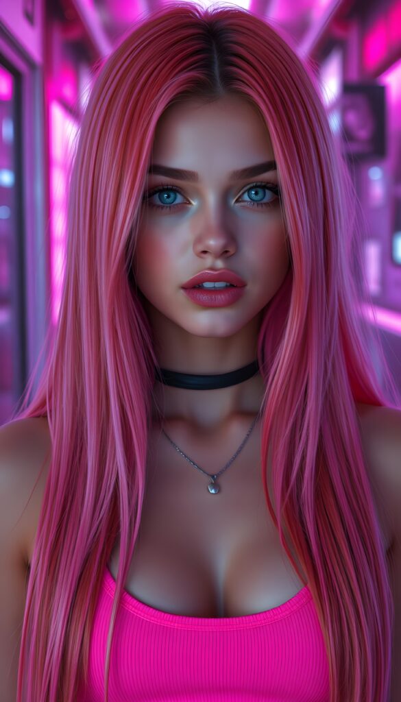 A (((beautiful young e-girl))), with ((extremely long, straight, thick, untucked soft neon red and pink hair)), and ((big, expressive, bright, natural blue eyes)), that convey a sense of youthful allure. Her ((skin is flawless)), with ((perfect pink lips)) that add to her enchanting smile. She's ((busty)), with ((big, round, full, slightly parted lips)), that are just barely parted in a playful smile. Her ((almond skin)) adds to her ((natural beauty)), with ((long, sheer, thin, tight pink tank top)) that accentuates her ((female figure)), all against a backdrop of a (((bright neon pink))) cyberpunk scene. Her mouth is slightly open. White teeth. Full lips. She stands in front of the viewer.