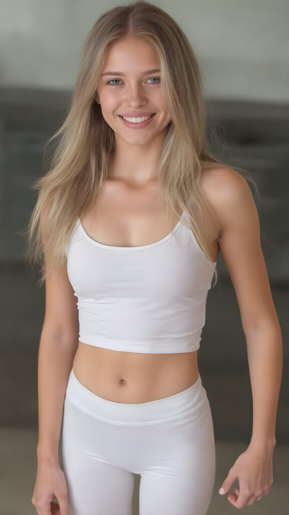 A beautiful (((girl) with an average but athletic build, showcasing toned legs and a sleek, sexy, yet delicate (tight white sport spaghetti tank top) that accentuates her natural body and gives off a youthful glow, paired with (white tights pants) that add to the overall aesthetic. Her hair is a (((light blonde))), flowing down her back in a soft, ethereal (décolleté) that complements the overall image, and she poses confidently with a warm smile directed at the viewer