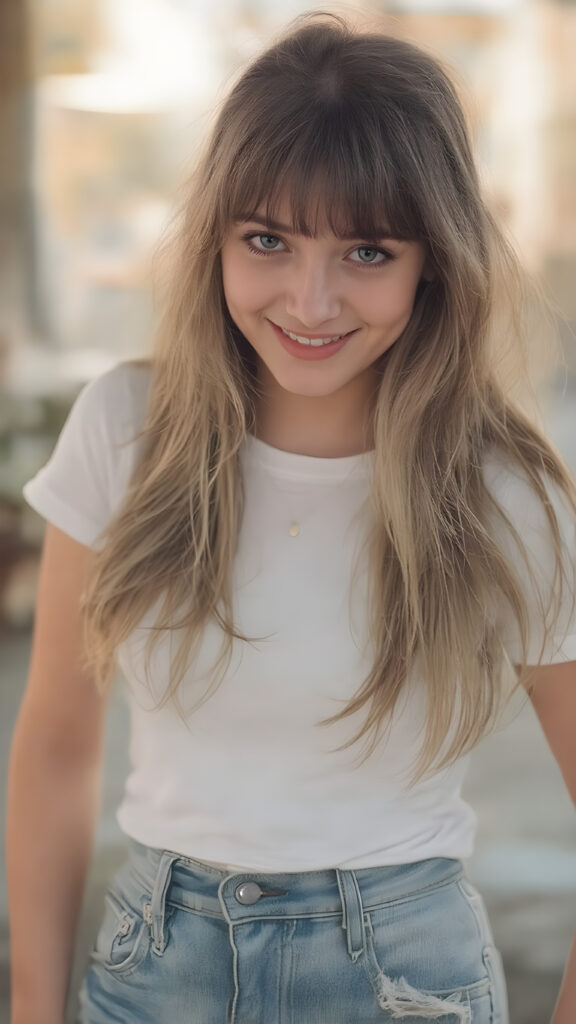 A (((beautiful young woman))), with (((light brown hair (long hair with bangs))), that gently waves in the (((soft breeze))) and (((big, brown eyes))), that sparkle and reflect (((the bright light and color of the surroundings))) in a (((cheerful smile))), she's dressed in a (((super short tight white T-shirt and tattered denim shorts))), that snugly fit her form, and she's posed standing