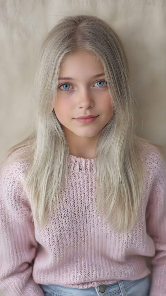 A (((beautiful, cute, and slender young girl))), age 18, with (light tan skin) and (very long, straight, thick, white golden blonde hair) (blowing in the breeze) that gives off a youthful glow, paired with (adorable puffy light blue eyes) that emit a sense of realism, all framed by a cozy (pastel color sweater) and (matching pastel blue jeans) cut in a (soft, pastel aesthetic) style that complements her (cheerful, happy expression) full body view