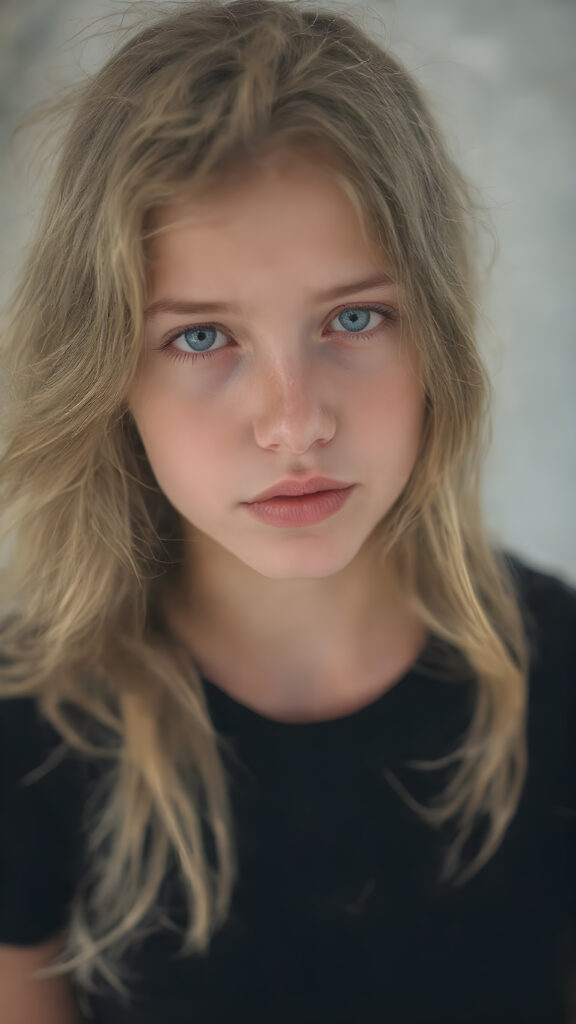 A (((beautiful young girl))), with (((flawlessly pale skin))), very long, wavy, softly curled hair that frames her face in a gentle curve, and full, plump red lips that add a hint of whimsy to her expression. Her eyes are (((light blue))), with a subtle hint of gray in their depths, reflecting an overall air of youthful innocence. She's dressed in a (((black T-shirt))), with the sleeves gently framed by a soft, contrasting glow, and denim shorts with a thin belt at the waist, which accentuates her slender frame. The outfit comes together to create a (((cool, toned look))), perfectly capturing the essence of a (((summer day at the beach))) for a young girl on the cusp of her teenage years, full body view, with the sun's rays striking her face, giving her an ethereal glow, misty atmosphere, 8K, UHD, perfect quality, perfect anatomy, highly detailed skin textures, realistic skin imperfections