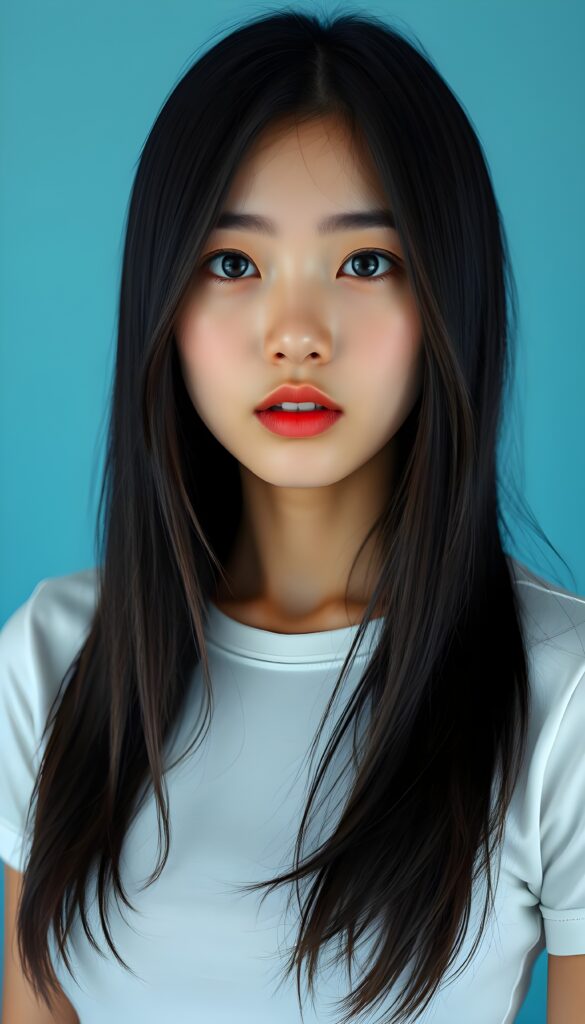 A beautiful, detailed passport photo of a young Asian girl. She has long, straight, jet-black hair that falls over her upper body and covers her ears. Her skin is flawless and porcelain-colored. She has large, red lips and white teeth. Her eyes are deep black and round. Perfect symmetry. She wears a skin-tight white T-shirt that accentuates her perfectly shaped female body. The girl is in the center of the picture and looks directly into the camera. Light blue, plain backdrop.