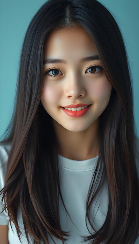 A beautiful, detailed passport photo of a young Asian girl. She has long, straight, jet-black hair that falls over her upper body and covers her ears. Her skin is flawless and porcelain-colored. She has large, red lips and white teeth. Her eyes are deep black and round. Perfect symmetry. She wears a skin-tight white T-shirt that accentuates her perfectly shaped female body. The girl is in the center of the picture and looks directly into the camera. Light blue, plain backdrop.