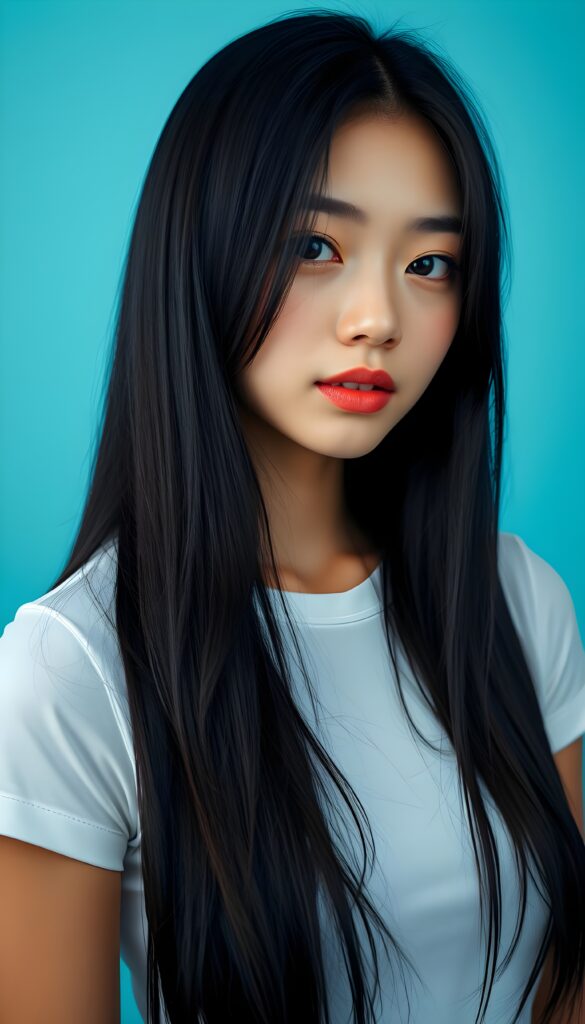 A beautiful, detailed passport photo of a young Asian girl. She has long, straight, jet-black hair that falls over her upper body and covers her ears. Her skin is flawless and porcelain-colored. She has large, red lips and white teeth. Her eyes are deep black and round. Perfect symmetry. She wears a skin-tight white T-shirt that accentuates her perfectly shaped female body. The girl is in the center of the picture and looks directly into the camera. Light blue, plain backdrop.