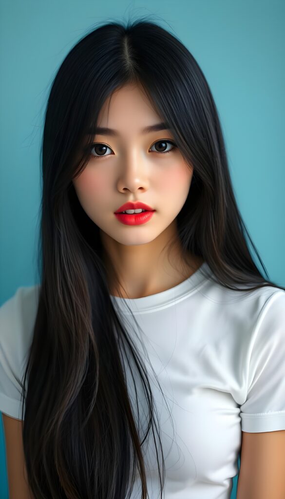 A beautiful, detailed passport photo of a young Asian girl. She has long, straight, jet-black hair that falls over her upper body and covers her ears. Her skin is flawless and porcelain-colored. She has large, red lips and white teeth. Her eyes are deep black and round. Perfect symmetry. She wears a skin-tight white T-shirt that accentuates her perfectly shaped female body. The girl is in the center of the picture and looks directly into the camera. Light blue, plain backdrop.