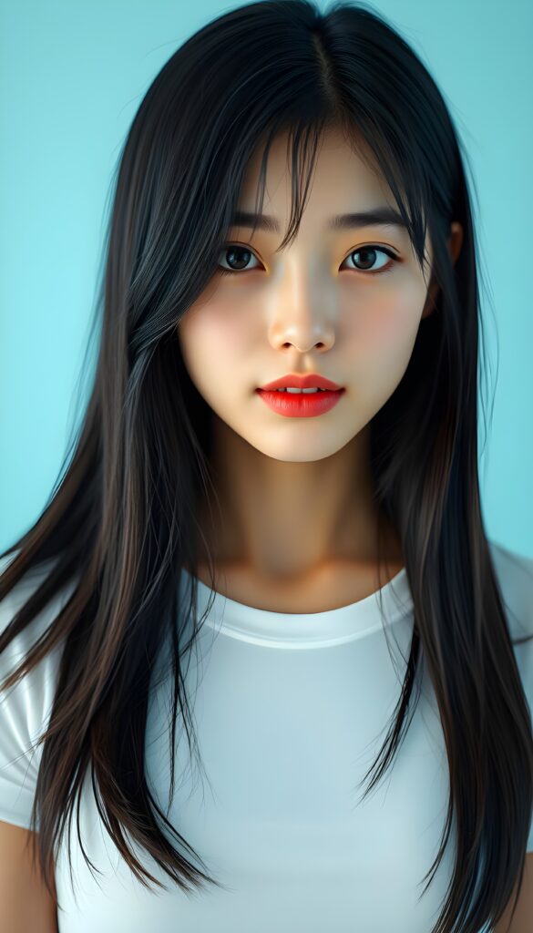 A beautiful, detailed passport photo of a young Asian girl. She has long, straight, jet-black hair that falls over her upper body and covers her ears. Her skin is flawless and porcelain-colored. She has large, red lips and white teeth. Her eyes are deep black and round. Perfect symmetry. She wears a skin-tight white T-shirt that accentuates her perfectly shaped female body. The girl is in the center of the picture and looks directly into the camera. Light blue, plain backdrop.