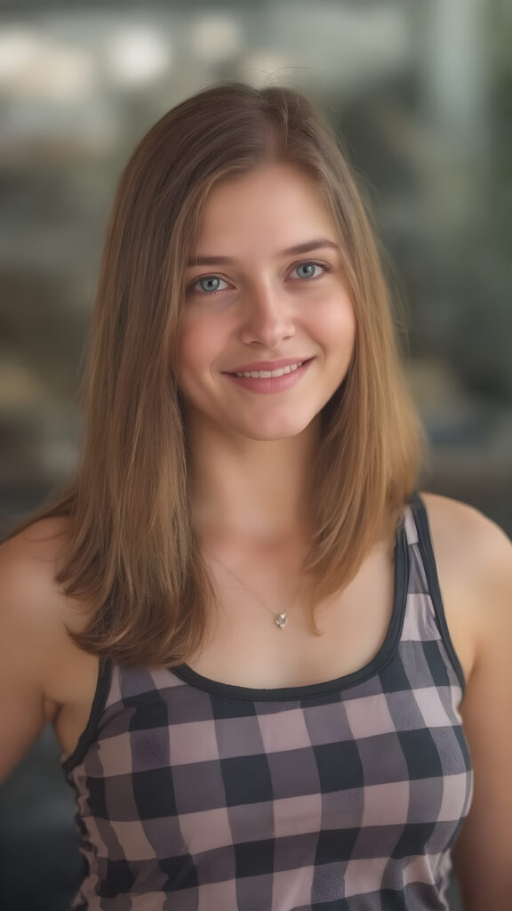 A (((beautiful girl))) with a round, ((full body)), and slightly red straight soft hair, dressed in a warm, inviting (((black and white checkered tank top))), which complements her happy expression as she poses confidently