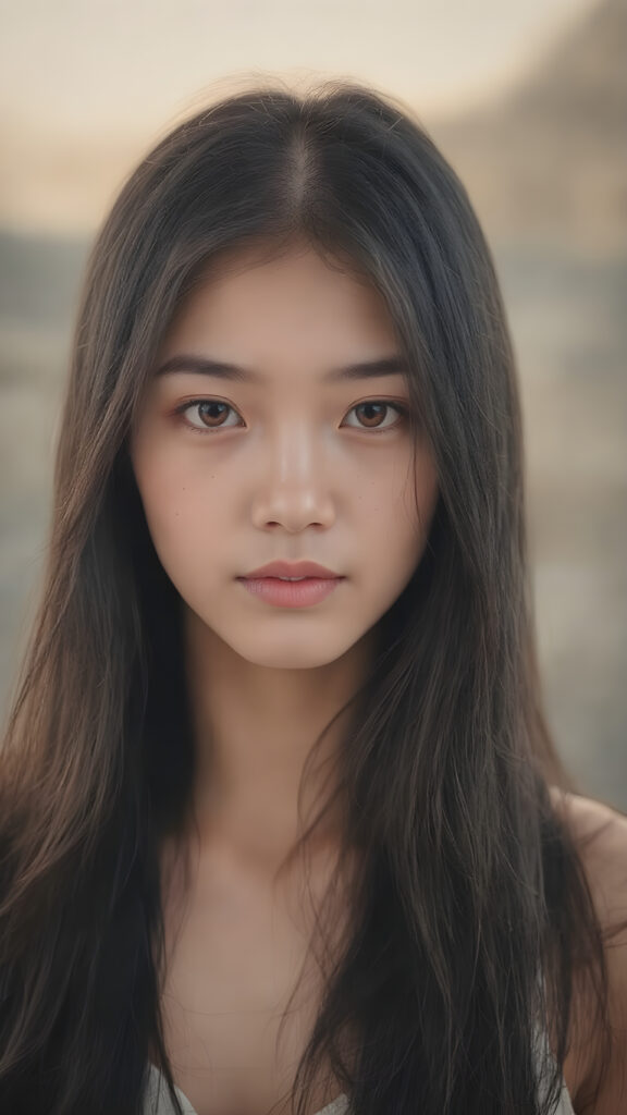 A (((beautiful Asian girl))) who exudes an air of youthful confidence, with (((long, straight silky black hair))), that falls in soft, gentle waves framing her face, complemented by delicate, (((freckles))). Her features are (((perfectly symmetrical))), with (((bright, piercing red eyes))), that gives off an ethereal glow. Looking directly into the camera, she emits an unmistakable air of elegance and grace. (((Full body view))) The overall atmosphere of the photograph is one of (extreme detail and clarity) that reflects a (hyper realistic and hyper detailed rendering) of this stunningly beautiful scene, showcasing this breathtaking girl in a truly unforgettable moment.