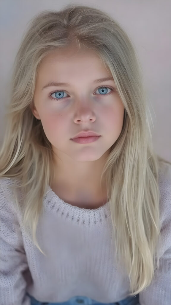 A (((beautiful, cute, and slender young girl))), age 18, with (light tan skin) and (very long, straight, thick, white golden blonde hair) (blowing in the breeze) that gives off a youthful glow, paired with (adorable puffy light blue eyes) that emit a sense of realism, all framed by a cozy (pastel color sweater) and (matching pastel blue jeans) cut in a (soft, pastel aesthetic) style that complements her (cheerful, happy expression) full body view