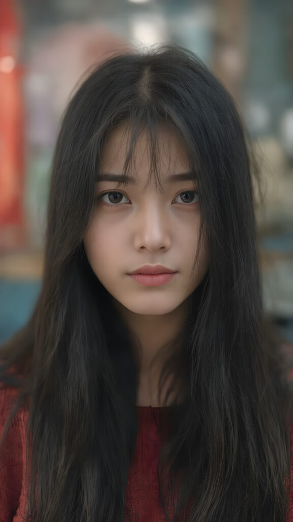 A (((beautiful Asian girl))) who exudes an air of youthful confidence, with (((long, straight silky black hair))), that falls in soft, gentle waves framing her face, complemented by delicate, (((freckles))). Her features are (((perfectly symmetrical))), with (((bright, piercing red eyes))), that gives off an ethereal glow. Looking directly into the camera, she emits an unmistakable air of elegance and grace. (((Full body view))) The overall atmosphere of the photograph is one of (extreme detail and clarity) that reflects a (hyper realistic and hyper detailed rendering) of this stunningly beautiful scene, showcasing this breathtaking girl in a truly unforgettable moment.