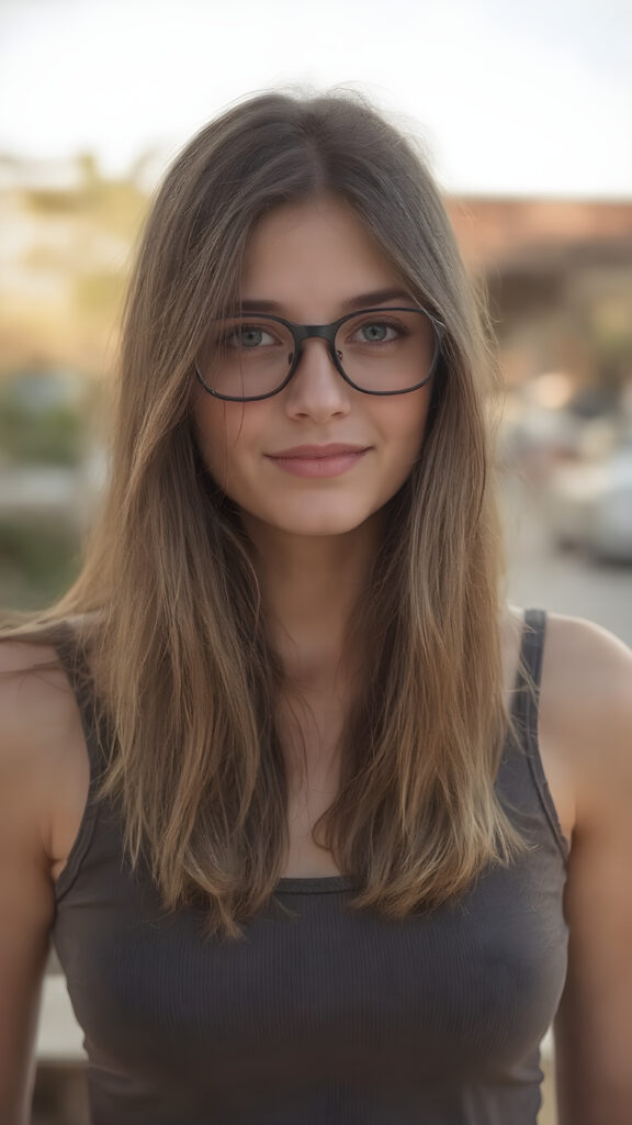 A (((beautiful cute nerd girl, black glasses))) (((full body view))) with long, brown shoulder-length jet soft flowing hair, ((dark brown eyes)) that convey a sense of warmth and playfulness, dressed in a (((tight, form-fitting tank top))), which emphasizes her perfect body in a tasteful, ((sunny backdrop)) (((perfect hands))) that convey a sense of warmth and elegance