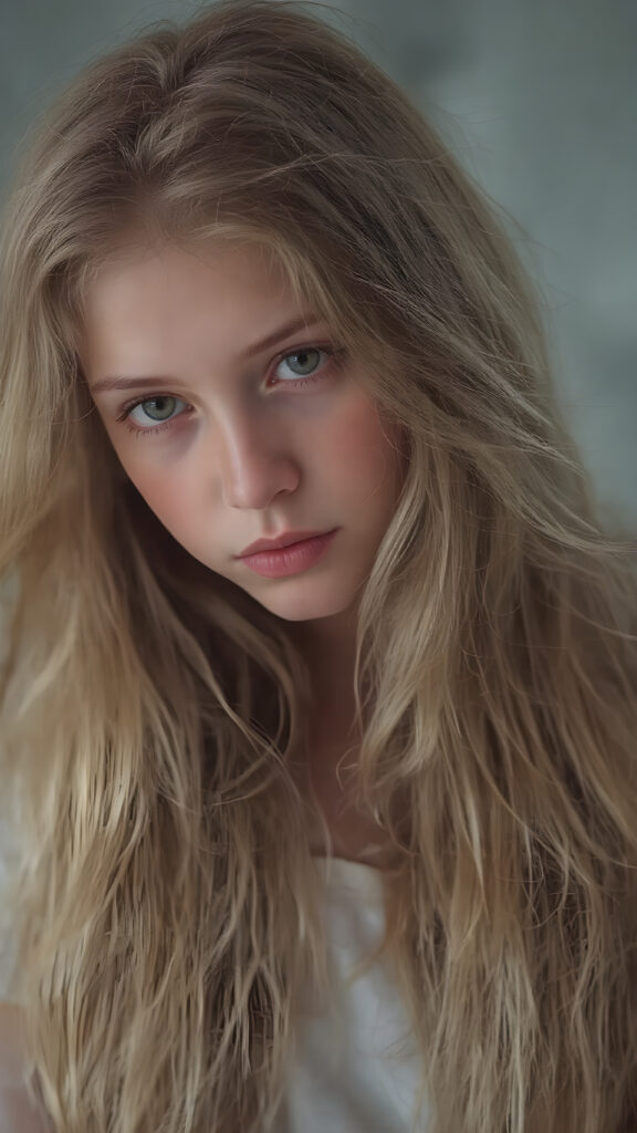 A (((beautiful young girl))) with (((extremely long, thick, cascading blonde hair))), which flows down to her waist and covers her front upper body, paired with (((brown, sand-colored eyes))), that convey a sense of tranquility. Her focus is on the camera, with a slightly turned head and a level of detail that suggests a (professional studio photo). The setting is a (side profile), with a hint of a gentle smile, full body view
