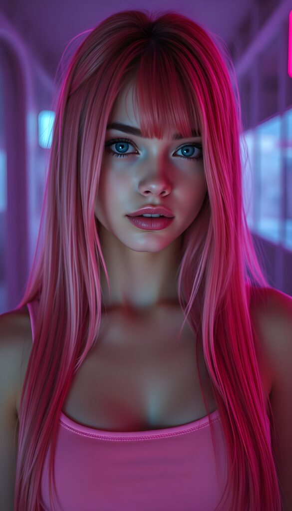 A (((beautiful young e-girl))), with ((extremely long, straight, thick, untucked soft neon red and pink hair)), and ((big, expressive, bright, natural blue eyes)), that convey a sense of youthful allure. Her ((skin is flawless)), with ((perfect pink lips)) that add to her enchanting smile. She's ((busty)), with ((big, round, full, slightly parted lips)), that are just barely parted in a playful smile. Her ((almond skin)) adds to her ((natural beauty)), with ((long, sheer, thin, tight pink tank top)) that accentuates her ((female figure)), all against a backdrop of a (((bright neon pink))) cyberpunk scene. Her mouth is slightly open. White teeth. Full lips. She stands in front of the viewer.