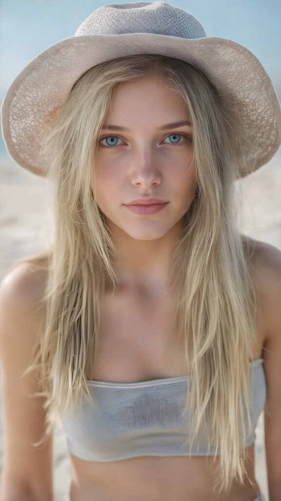 A (((beautiful girl with exceptionally long, thick, straight blond brown hair, right and left the same length))), wearing (((light denim shorts, grey cropped tank top))), a ((sunhat))) that accentuates her (((perfectly curved figure))), with (pale skin) and (brightly blue eyes) that exude an air of youthful confidence and whimsy, complemented by (((white skin with barely visible freckles))), and (((full, defined lips))) that add a playful touch to her face. Her (((eyes are a captivating shade of blue))), yet they remain distinctly casual, with (long, straight wavy) that frame her face in a warm, inviting glow. The scene is a summer day at the beach, with the sun's rays reaching out towards her, reflecting off her hair and skin for a serene, sun-kissed glow. She has (((the most perfectly straight, level white teeth in the world))) that add to her overall beauty and complement her youthful appearance