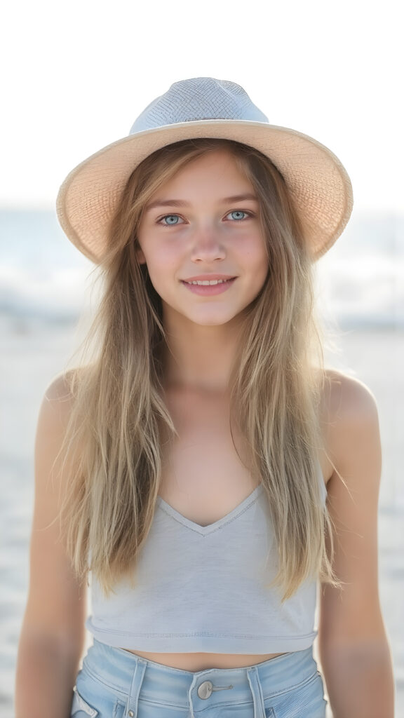 A (((beautiful young teen girl with exceptionally long, thick, straight blond brown hair, right and left the same length))), wearing (((light denim shorts, light grey cropped tank top, deep v-neck))), a ((sunhat))) that accentuates her (((perfectly curved figure))), with (pale skin) and (brightly blue eyes) that exude an air of youthful confidence and whimsy, complemented by (((white skin with barely visible freckles))), and (((full, defined lips))) that add a playful touch to her face. Her (((eyes are a captivating shade of blue))), yet they remain distinctly casual, with (long, straight wavy) that frame her face in a warm, inviting glow. The scene is a summer day at the beach, with the sun's rays reaching out towards her, reflecting off her hair and skin for a serene, sun-kissed glow. She has (((the most perfectly straight, level white teeth in the world))) that add to her overall beauty and complement her youthful appearance