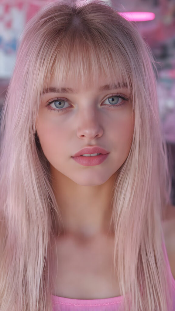 A (((beautiful young e-girl))), with ((extremely long, straight, thick, untucked soft pink hair)), and ((big, expressive, bright, natural pink eyes)), that convey a sense of youthful allure. Her ((skin is flawless)), with ((perfect pink lips)) that add to her enchanting smile. She's ((busty)), with ((big, round, full, slightly parted lips)), that are just barely parted in a playful smile. Her ((almond skin)) adds to her ((natural beauty)), with ((long, sheer, thin, tight pink tank top)) that accentuates her ((female figure)), all against a backdrop of a (((bright neon pink))) cyberpunk scene