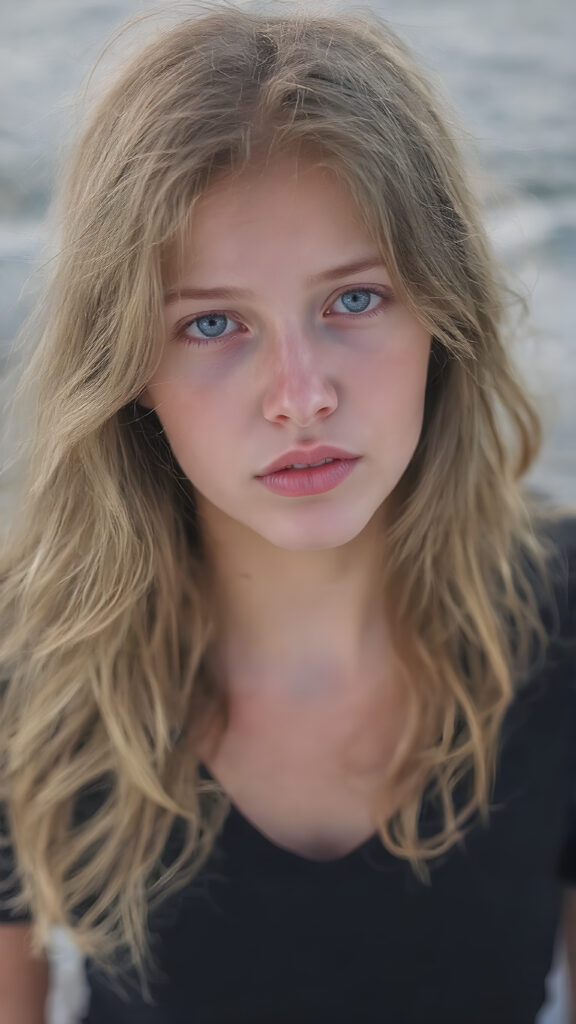 A (((beautiful young girl))), with (((flawlessly pale skin))), very long, wavy, softly curled hair that frames her face in a gentle curve, and full, plump red lips that add a hint of whimsy to her expression. Her eyes are (((light blue))), with a subtle hint of gray in their depths, reflecting an overall air of youthful innocence. She's dressed in a (((black T-shirt))), with the sleeves gently framed by a soft, contrasting glow, and denim shorts with a thin belt at the waist, which accentuates her slender frame. The outfit comes together to create a (((cool, toned look))), perfectly capturing the essence of a (((summer day at the beach))) for a young girl on the cusp of her teenage years, full body view, with the sun's rays striking her face, giving her an ethereal glow, misty atmosphere, 8K, UHD, perfect quality, perfect anatomy, highly detailed skin textures, realistic skin imperfections
