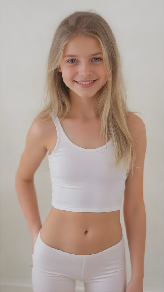 A beautiful (((girl) with an average but athletic build, showcasing toned legs and a sleek, sexy, yet delicate (tight white sport spaghetti tank top) that accentuates her natural body and gives off a youthful glow, paired with (white tights pants) that add to the overall aesthetic. Her hair is a (((light blonde))), flowing down her back in a soft, ethereal (décolleté) that complements the overall image, and she poses confidently with a warm smile directed at the viewer