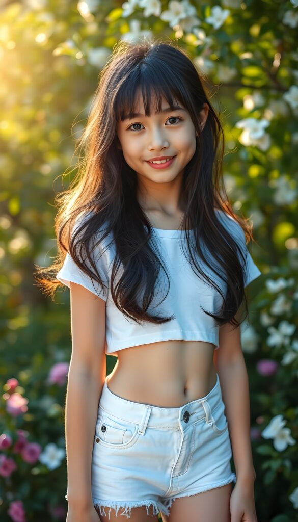 A beautiful, gentle spring photo: A stunning young girl with long, wavy and slightly straight dark hair styled in soft bangs and luminous natural eyes stands confidently outdoors. She wears a white thin cropped t-shirt and white denim shorts, showcasing her graceful legs and her cute round belly button. The sun casts a golden, ethereal glow on her flawless complexion, enhancing her charming smile. She poses with a lush, vibrant green background, filled with blooming flowers and trees, emphasizing her youthful beauty.