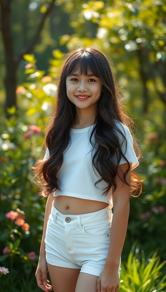 A beautiful, gentle spring photo: A stunning young girl with long, wavy and slightly straight dark hair styled in soft bangs and luminous natural eyes stands confidently outdoors. She wears a white thin cropped t-shirt and white denim shorts, showcasing her graceful legs and her cute round belly button. The sun casts a golden, ethereal glow on her flawless complexion, enhancing her charming smile. She poses with a lush, vibrant green background, filled with blooming flowers and trees, emphasizing her youthful beauty.