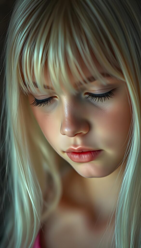 A beautiful, gentle young girl with flawless skin and soft, detailed long straight white hair that falls over her shoulders. Plump, thick kissable lips, long eyelashes. Her mouth is slightly open and she is looking down. The image appears peaceful.