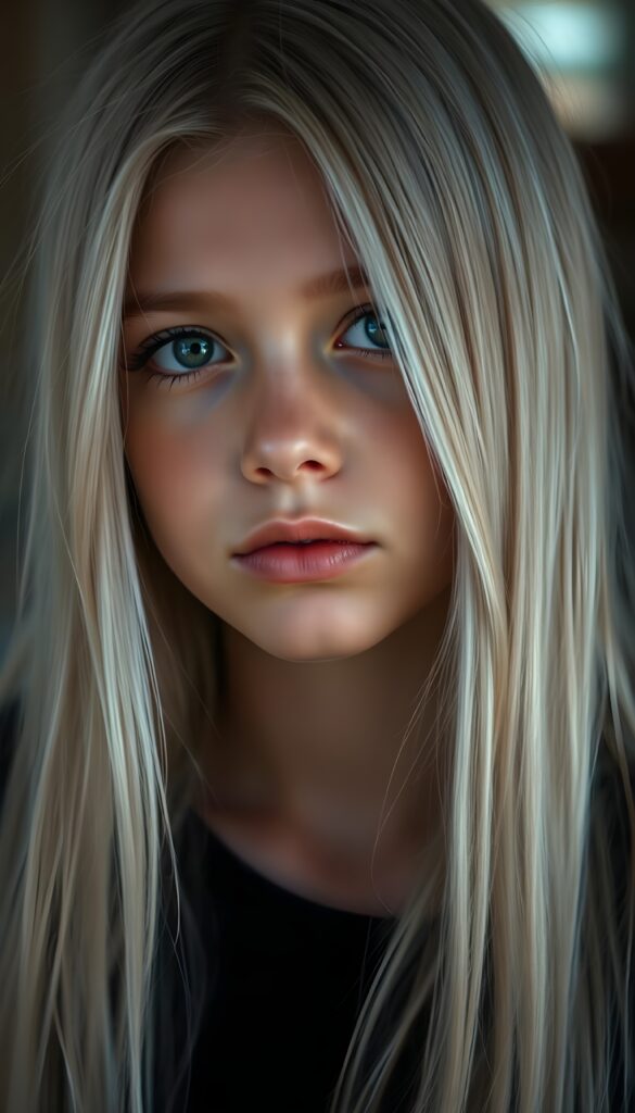 A beautiful, gentle young girl with flawless skin and soft, detailed long straight white hair that falls over her shoulders. Plump, thick kissable lips, deep black eyes, and long eyelashes.