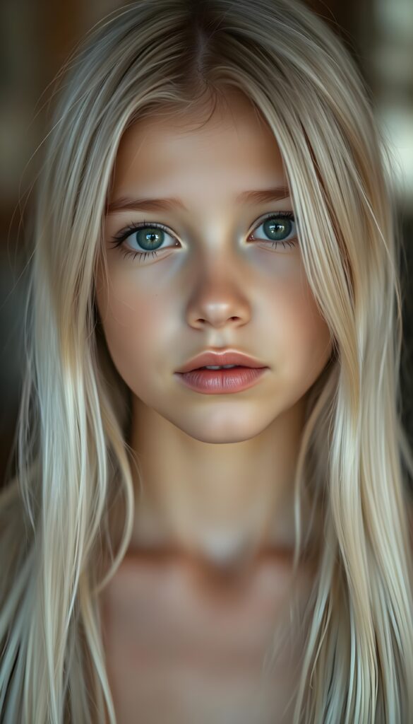 A beautiful, gentle young girl with flawless skin and soft, detailed long straight white hair that falls over her shoulders. Plump, thick kissable lips, deep black eyes, and long eyelashes.