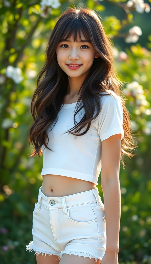 A beautiful, gentle spring photo: A stunning young girl with long, wavy and slightly straight dark hair styled in soft bangs and luminous natural eyes stands confidently outdoors. She wears a white thin cropped t-shirt and white denim shorts, showcasing her graceful legs and her cute round belly button. The sun casts a golden, ethereal glow on her flawless complexion, enhancing her charming smile. She poses with a lush, vibrant green background, filled with blooming flowers and trees, emphasizing her youthful beauty.