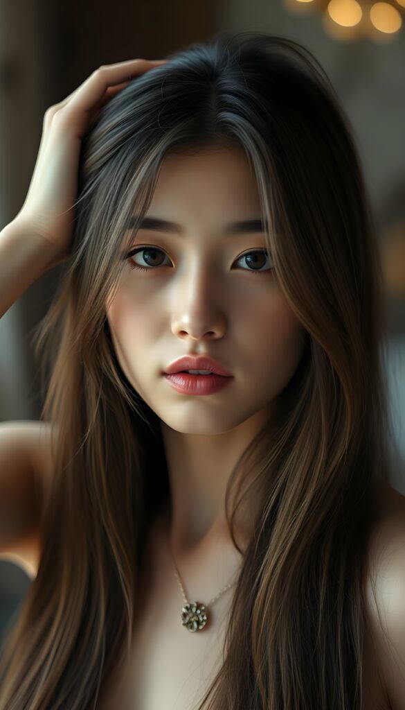 A beautiful, gentle girl with long, straight hair looks sensual. She holds one hand to her head and plays with her hair. Wonderful.