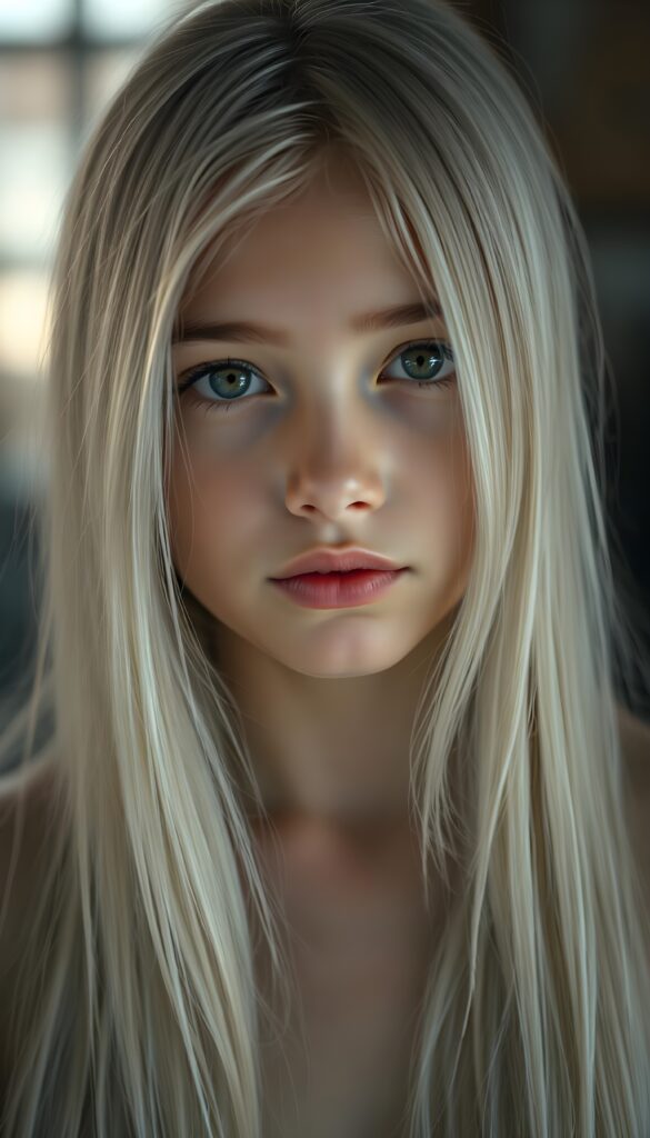 A beautiful, gentle young girl with flawless skin and soft, detailed long straight white hair that falls over her shoulders. Plump, thick kissable lips, deep black eyes, and long eyelashes.