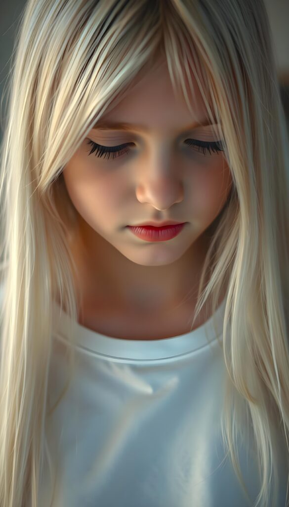 A beautiful, gentle young girl with flawless skin and soft, detailed long straight white hair that falls over her shoulders. Plump, thick kissable lips, deep black eyes, and long eyelashes. Her mouth is slightly open and she looks down in shame. The image appears peaceful. She wears a simple white T-shirt that gently hugs her perfect feminine body.