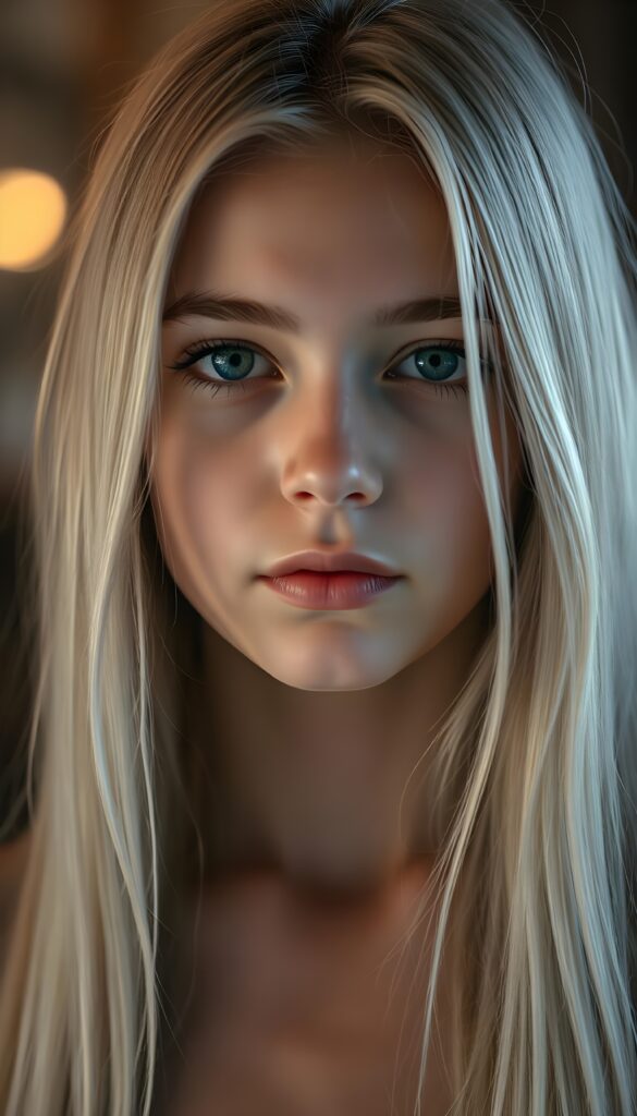 A beautiful, gentle young girl with flawless skin and soft, detailed long straight white hair that falls over her shoulders. Plump, thick kissable lips, deep black eyes, and long eyelashes.