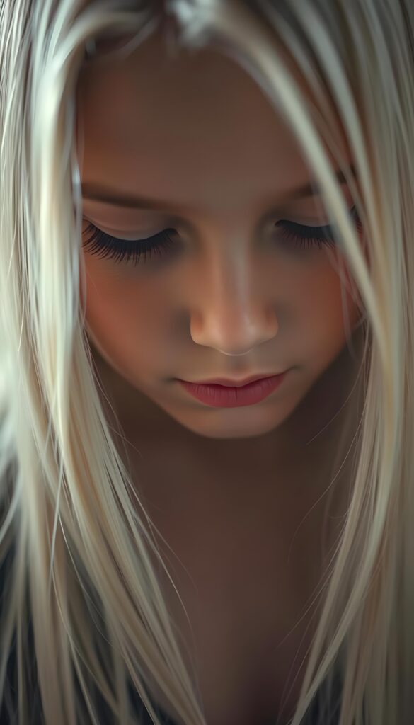 A beautiful, gentle young girl with flawless skin and soft, detailed long straight white hair that falls over her shoulders. Plump, thick kissable lips, long eyelashes. Her mouth is slightly open and she is looking down. The image appears peaceful.
