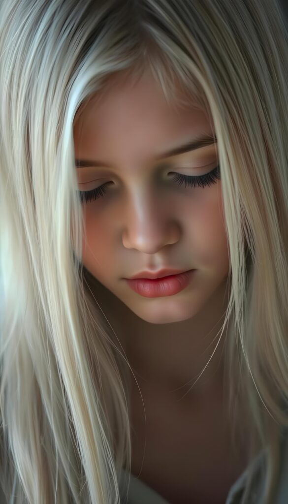 A beautiful, gentle young girl with flawless skin and soft, detailed long straight white hair that falls over her shoulders. Plump, thick kissable lips, long eyelashes. Her mouth is slightly open and she is looking down. The image appears peaceful.