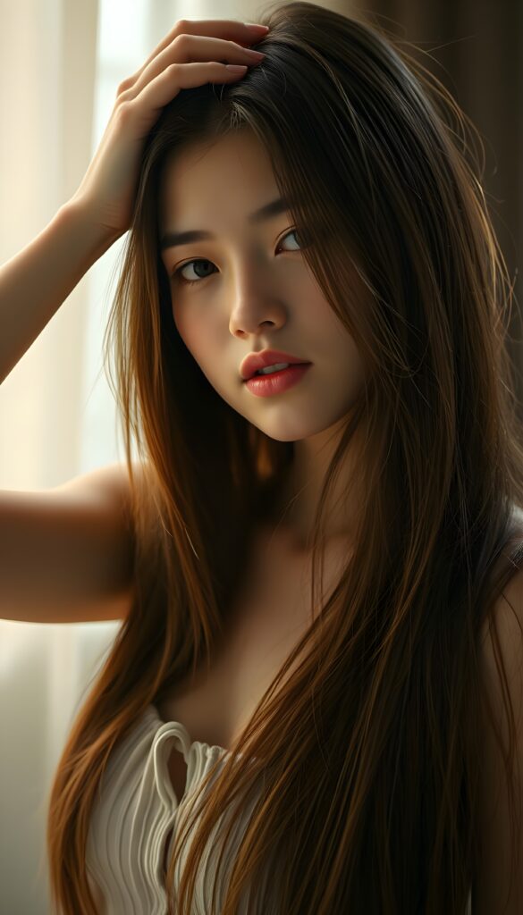 A beautiful, gentle girl with long, straight hair looks sensual. She holds one hand to her head and plays with her hair. Wonderful.
