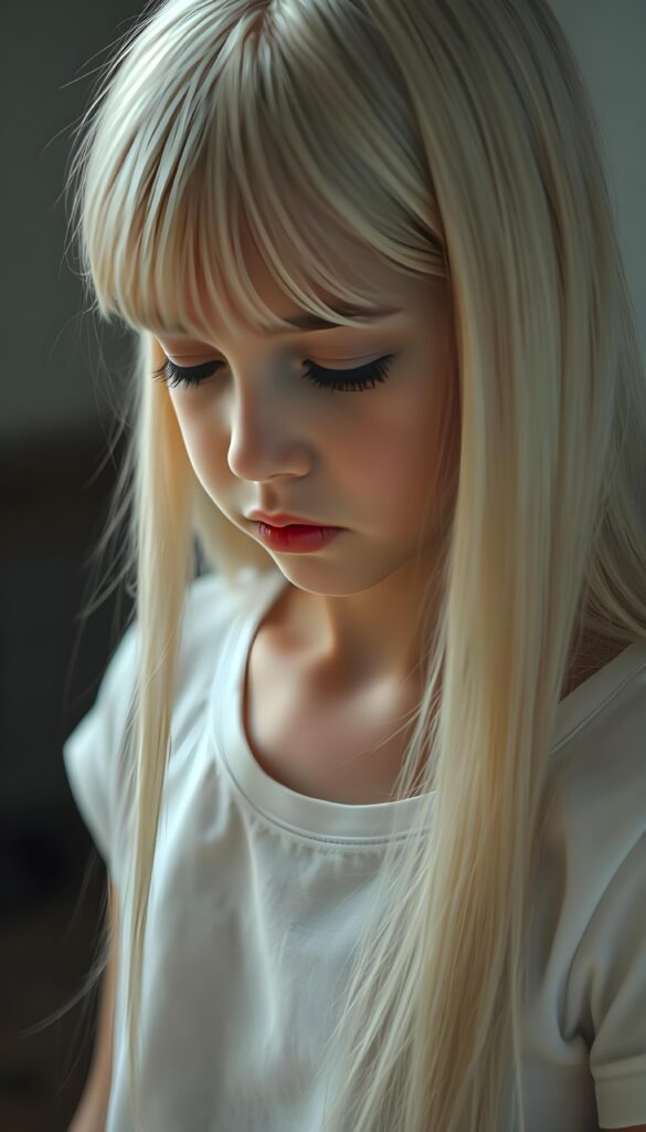 A beautiful, gentle young girl with flawless skin and soft, detailed long straight white hair that falls over her shoulders. Plump, thick kissable lips, deep black eyes, and long eyelashes. Her mouth is slightly open and she looks down in shame. The image appears peaceful. She wears a simple white T-shirt that gently hugs her perfect feminine body.