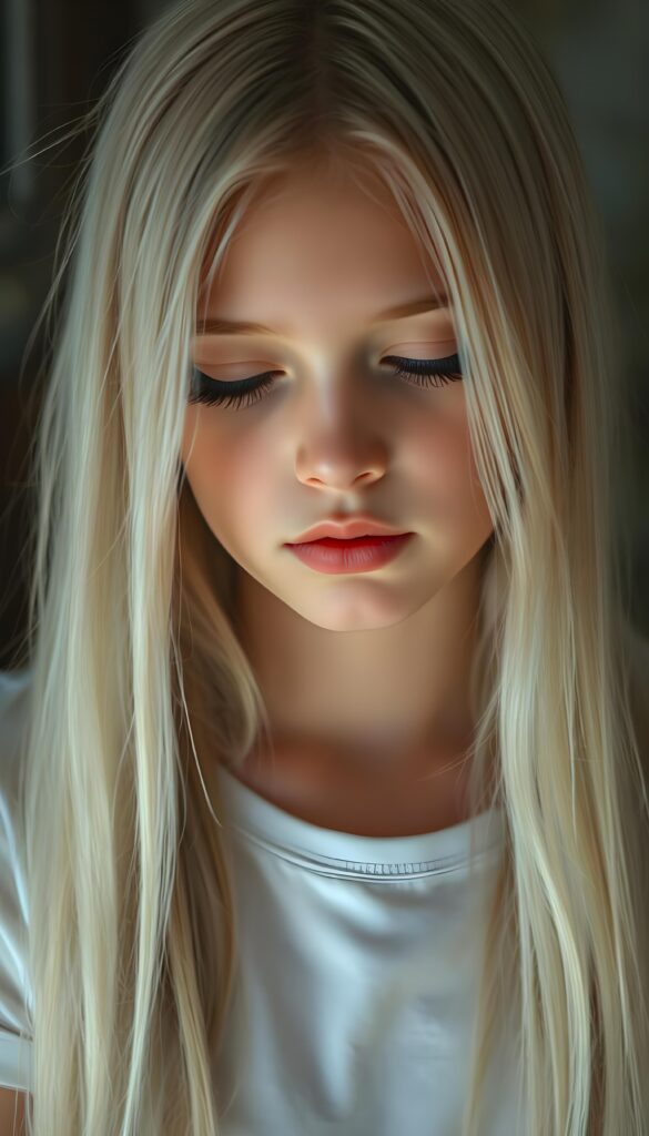 A beautiful, gentle young girl with flawless skin and soft, detailed long straight white hair that falls over her shoulders. Plump, thick kissable lips, deep black eyes, and long eyelashes. Her mouth is slightly open and she looks down in shame. The image appears peaceful. She wears a simple white T-shirt that gently hugs her perfect feminine body.