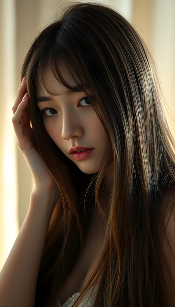 A beautiful, gentle girl with long, straight hair looks sensual. She holds one hand to her head and plays with her hair. Wonderful.