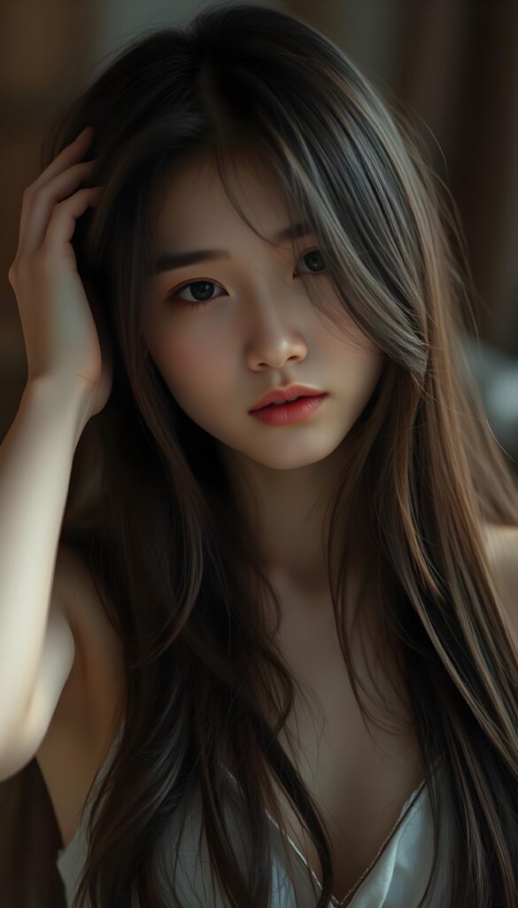 A beautiful, gentle girl with long, straight hair looks sensual. She holds one hand to her head and plays with her hair. Wonderful.