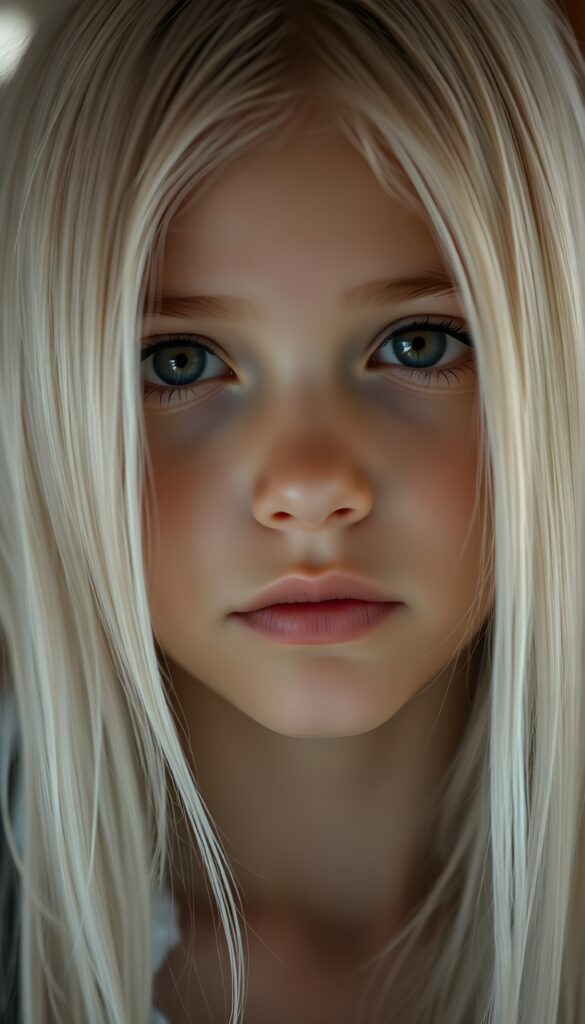 A beautiful, gentle young girl with flawless skin and soft, detailed long straight white hair that falls over her shoulders. Plump, thick kissable lips, deep black eyes, and long eyelashes.