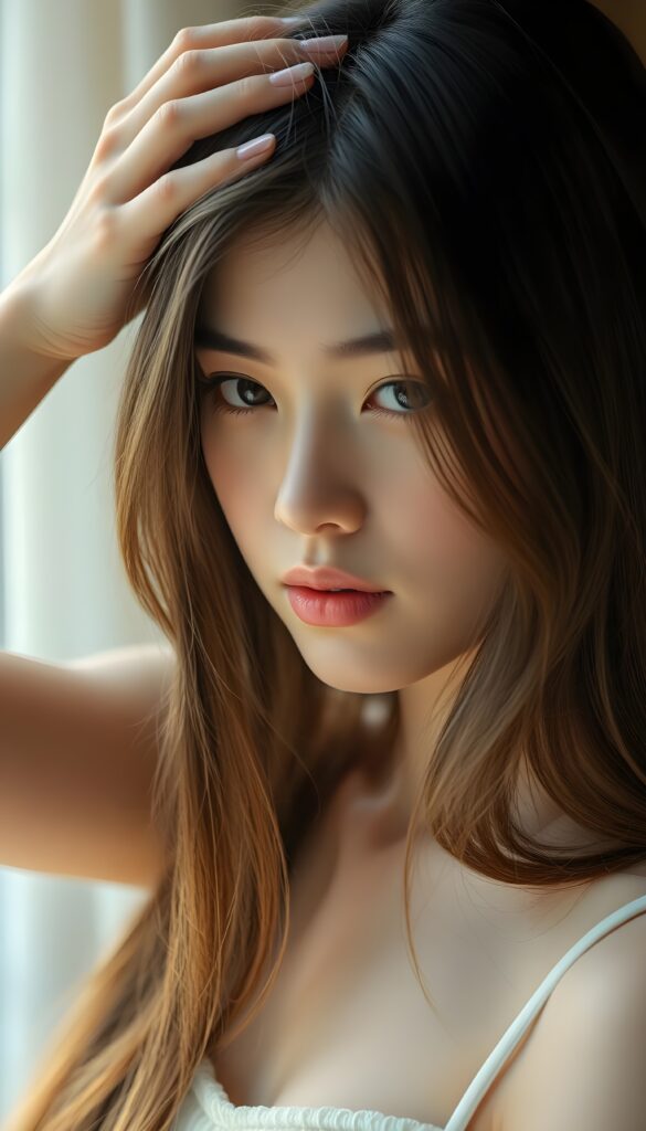 A beautiful, gentle girl with long, straight hair looks sensual. She holds one hand to her head and plays with her hair. Wonderful.