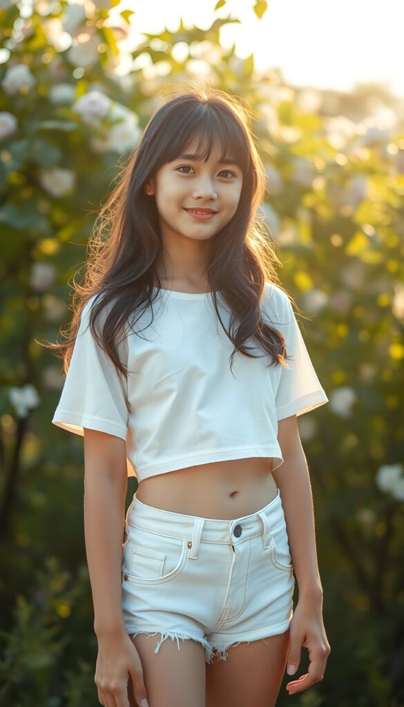 A beautiful, gentle spring photo: A stunning young girl with long, wavy and slightly straight dark hair styled in soft bangs and luminous natural eyes stands confidently outdoors. She wears a white thin cropped t-shirt and white denim shorts, showcasing her graceful legs and her cute round belly button. The sun casts a golden, ethereal glow on her flawless complexion, enhancing her charming smile. She poses with a lush, vibrant green background, filled with blooming flowers and trees, emphasizing her youthful beauty.