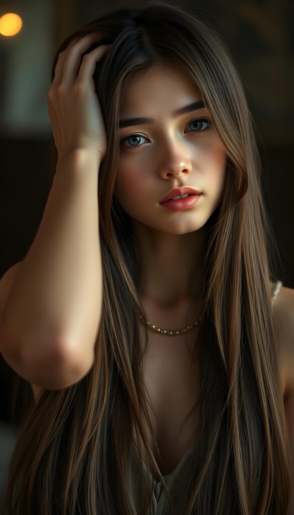A beautiful, gentle girl with long, straight hair looks sensual. She holds one hand to her head and plays with her hair. Wonderful.