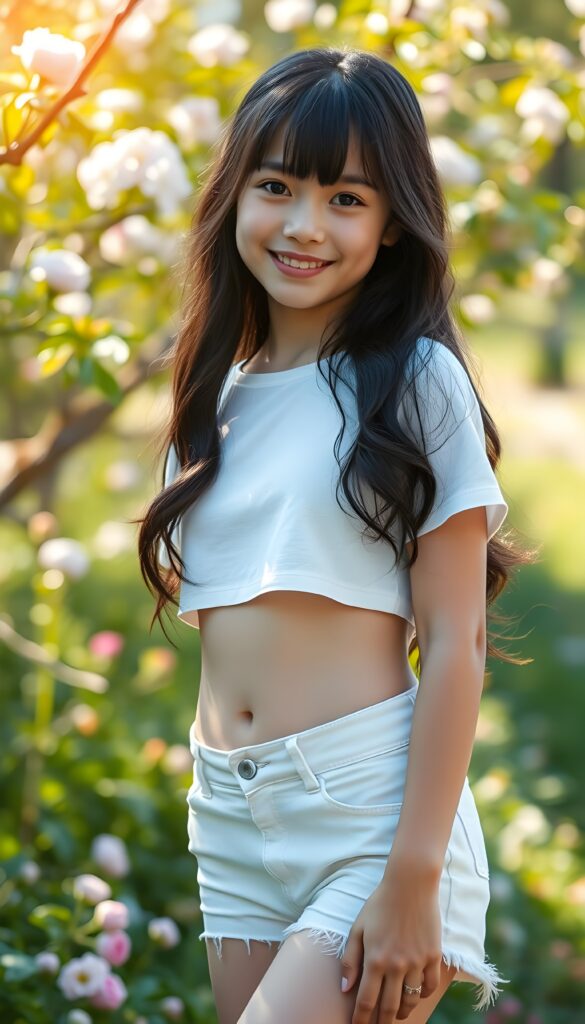 A beautiful, gentle spring photo: A stunning young girl with long, wavy and slightly straight dark hair styled in soft bangs and luminous natural eyes stands confidently outdoors. She wears a white thin cropped t-shirt and white denim shorts, showcasing her graceful legs and her cute round belly button. The sun casts a golden, ethereal glow on her flawless complexion, enhancing her charming smile. She poses with a lush, vibrant green background, filled with blooming flowers and trees, emphasizing her youthful beauty.